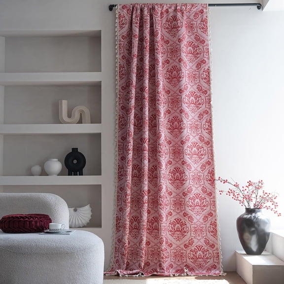 2-Panel Red Damask Curtains, 63 Inches Long, Semi-Sheer Jacquard Medallion Pattern, Vintage Style, Rod Pocket