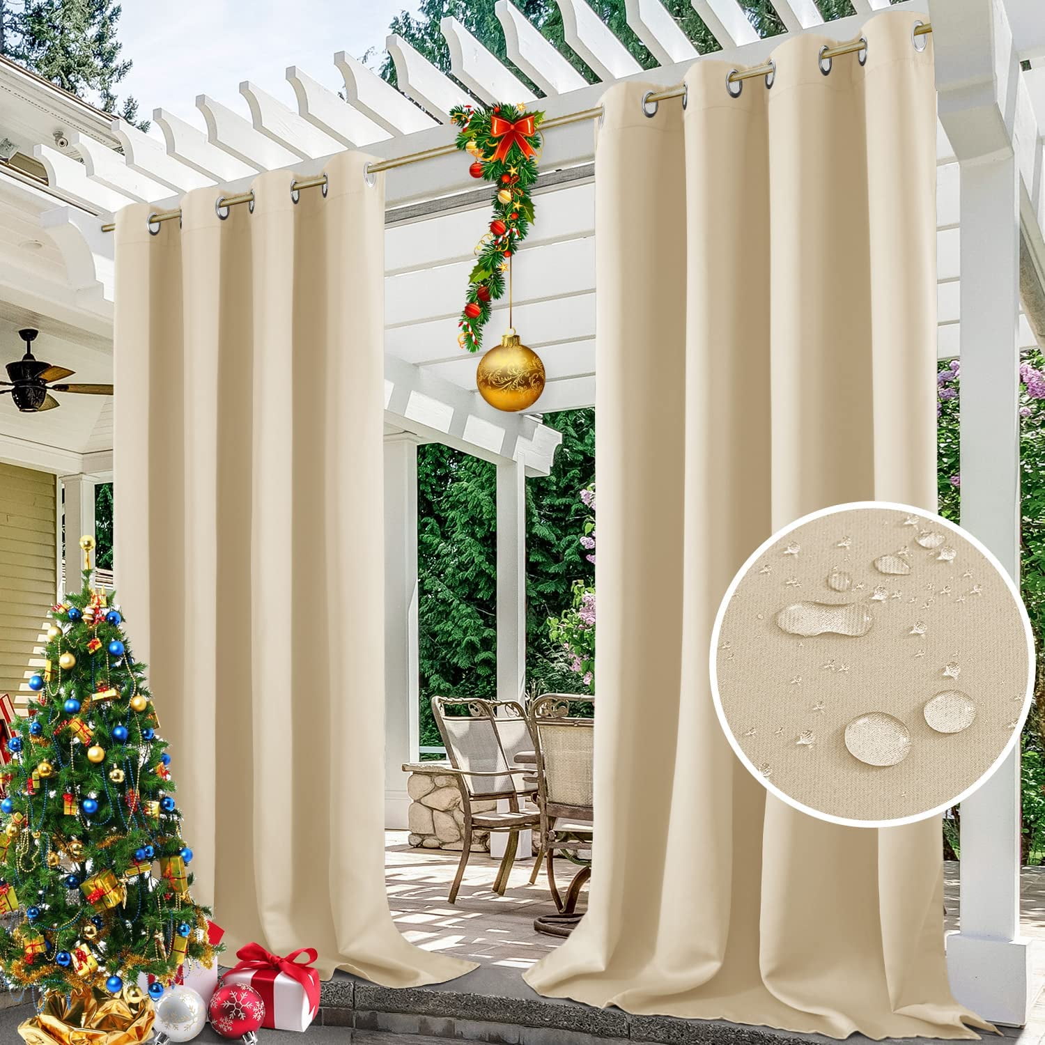 (2 Panel) SHANNA Outdoor Curtains for Patio Waterproof Cabana Grommet Curtain Panels, Beige, 52 x 108 inch, Set of 2