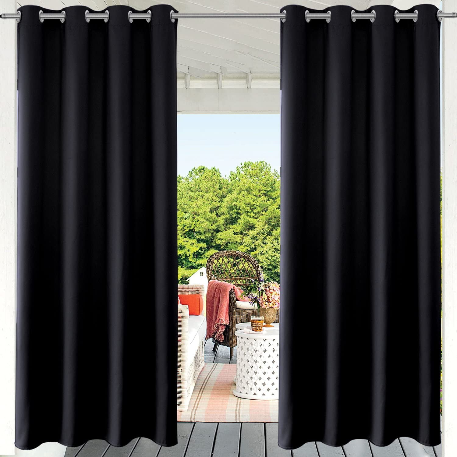 (2 Panel) SHANNA Outdoor Curtains for Patio Waterproof Cabana Grommet Curtain Panels, Black, 52 x 84 inch, Set of 2