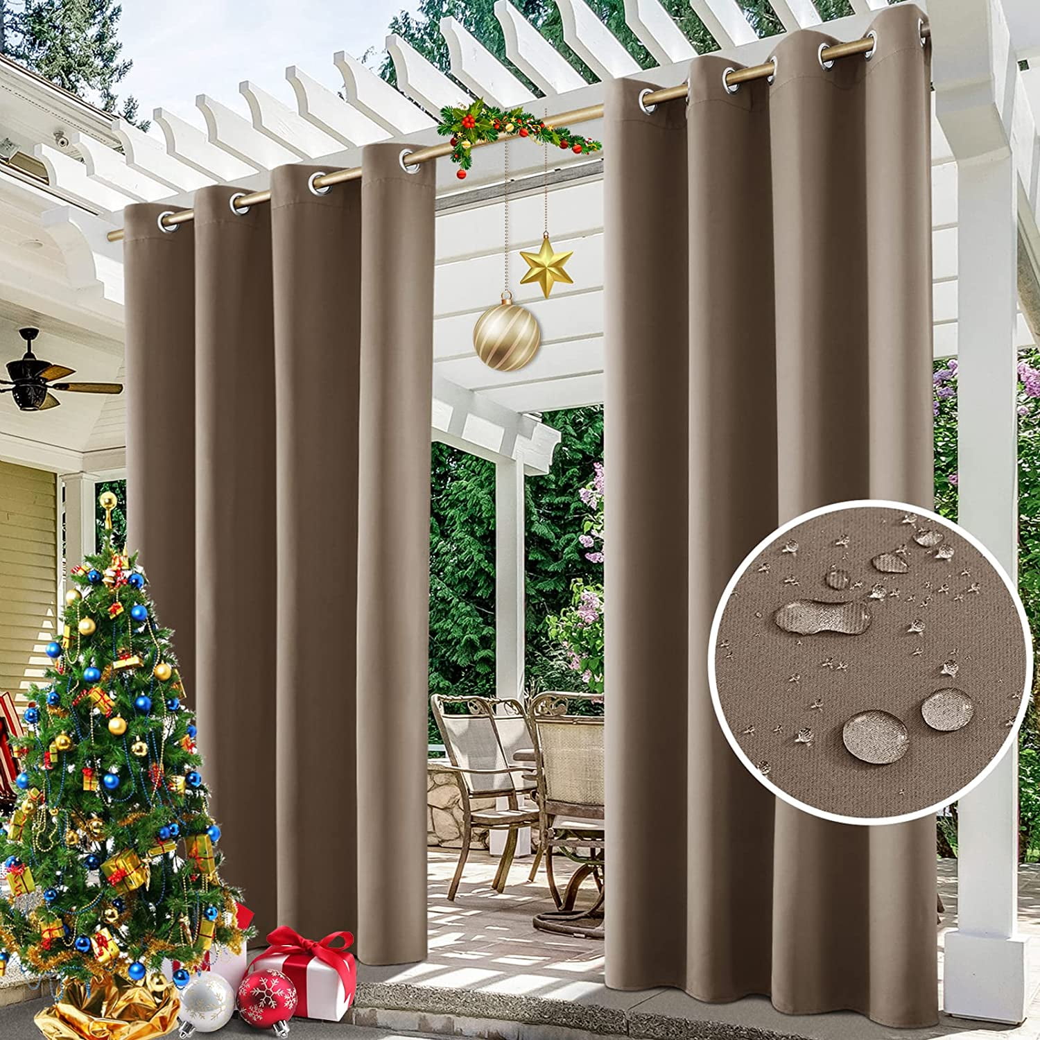 (2 Panel) SHANNA Outdoor Curtains for Patio Waterproof Cabana Grommet Curtain Panels, Brown, 52 x 94 inch, Set of 2