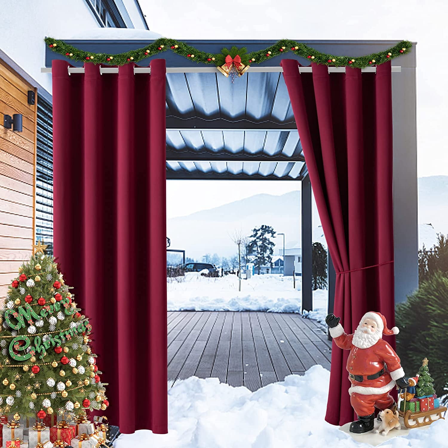 (2 Panel) SHANNA Outdoor Curtains for Patio Waterproof Cabana Grommet Curtain Panels, Burgundy, 52 x 94 inch, Set of 2