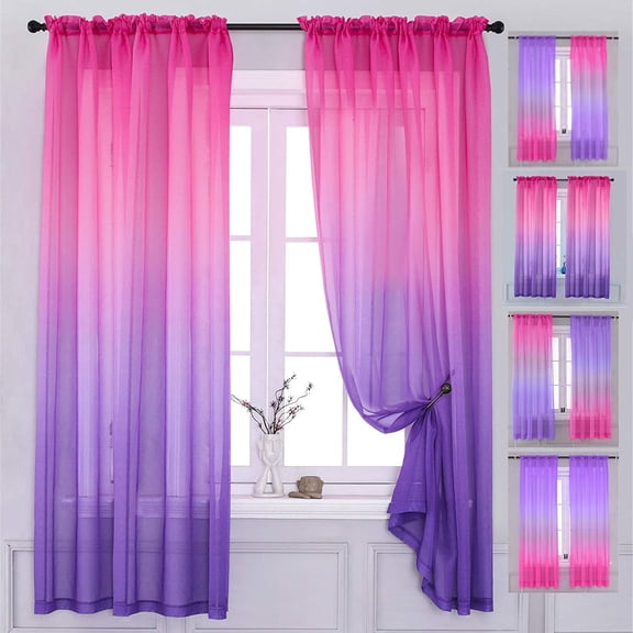 2 Panel Sets Bedroom Curtains 63 inch Length Sheer Curtain Pink Purple Ombre Curtains Rod Pocket Drapes for Girls Living Room Mermaid Bedroom Nursery Kid Window Decor(Pink Purple, 40"x63")