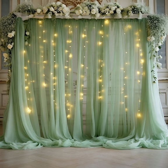 2 Panel Sheer Background Curtain with LED Light String for Wedding Birthday Party Backdrop Photo Booth Event Decor 63.0 x 118.1 Inch