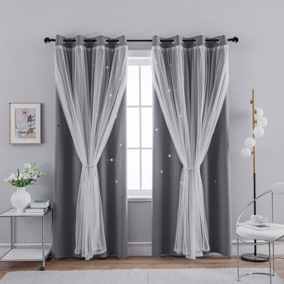 2 Panel Star Curtains Hollow Out Blackout Curtains for Kids Room 52in Double Layer Star Cut Out Window Decor