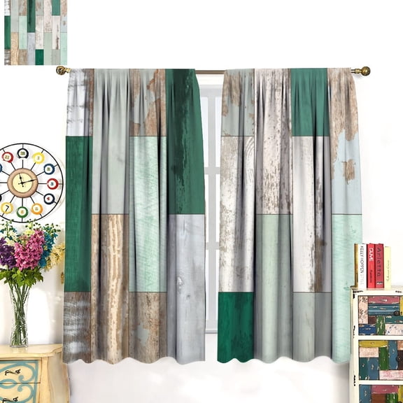 2 Panel Teal Barnwood Light Filtering Curtains Rustic Western Farmhouse Weathered Plank Print Window Drapes, 28x40in