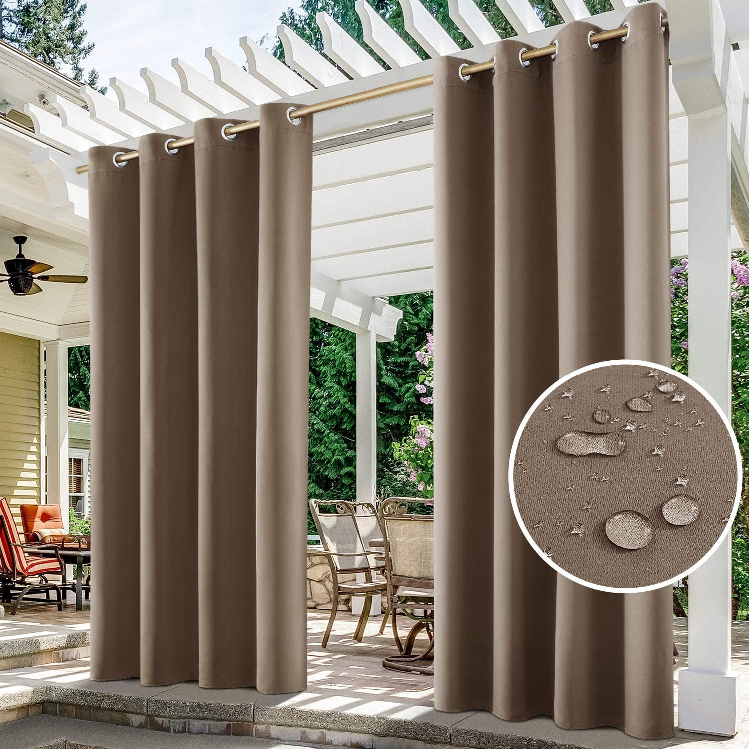 Topchances Upgraded Brown Grommet Blackout Outdoor Curtains, "54 x 84" Inches 2 Panels