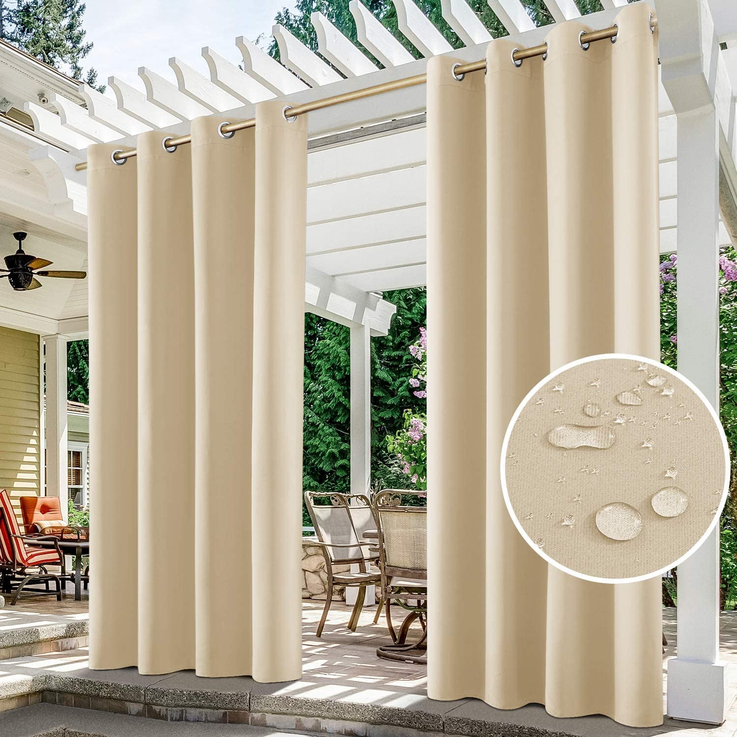 Topchances Outdoor Beige Grommet Blackout Thermal Insulated Outdoor Curtains, "54 x 96" 2 Panel