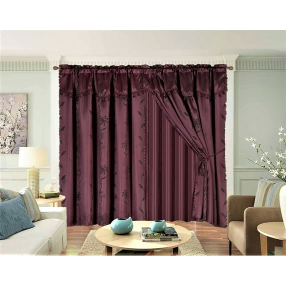 2 Panel Window Curtain Set 120" W X 84" L With Valance And Sheer Backing And 2 Tassels -Faux Silk Shiny Curtain Set - Rod Pocket Drapes Leaf Floral Design Curtain Nada Burgundy