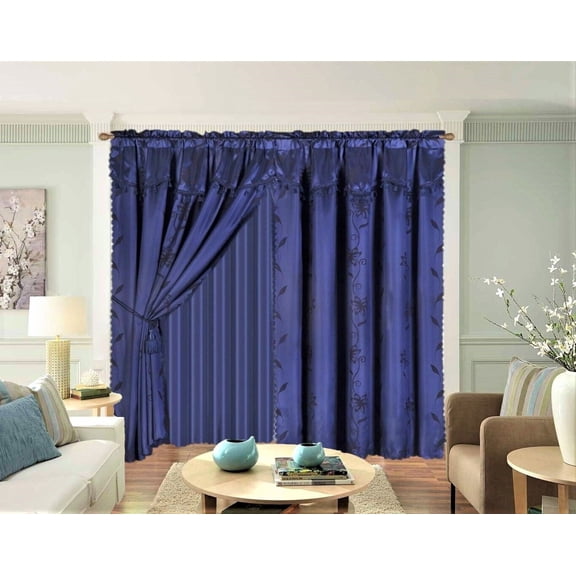2 Panel Window Curtain Set 120" W X 84" L With Valance And Sheer Backing And 2 Tassels -Faux Silk Shiny Curtain Set - Rod Pocket Drapes Leaf Floral Design Curtain Nada Navy