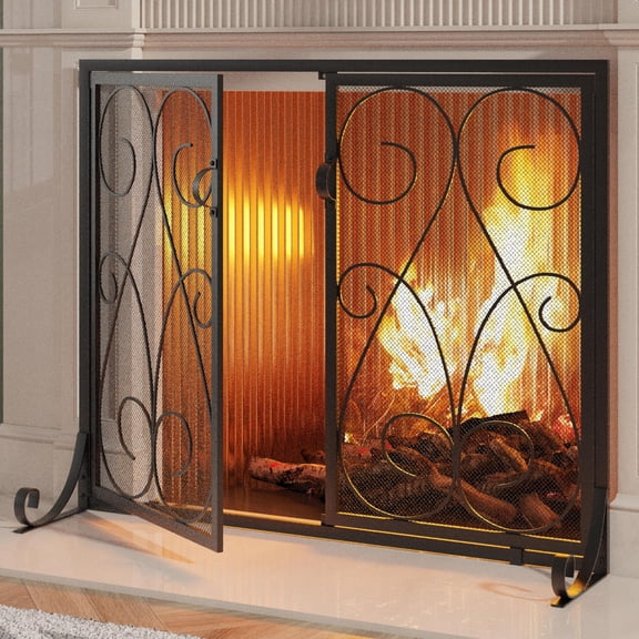 2-Panel Wrought Iron Fireplace Screen With Doors, Decorative Scroll Spark Guard