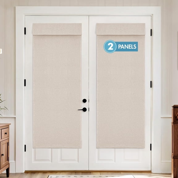 2 Panels 100% Blackout Linen French Door Curtains Set of 2, Privacy No Drill Thermal Insulated Room Darkening Blinds,Window Shades for Patio Front Entry Back Door Glass,W26 x L68 Inch, Natural
