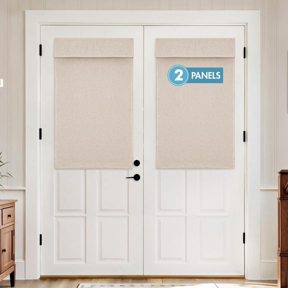 2 Panels 100% Linen Blackout French Door Curtains Set of 2, No Drill Privacy Half Front Back Door Blinds for Classroom Kitchen Glass Window Covering Thermal Insulated,W26 x L40 Inch, Natural