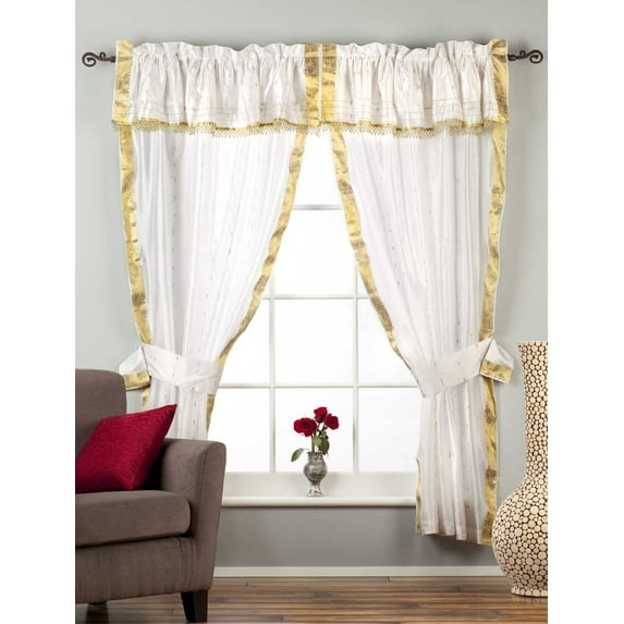 2 Panels 2 Tieback-Gypsy Rod Pocket Curtains w Beads Valance White GLD 60W 108L