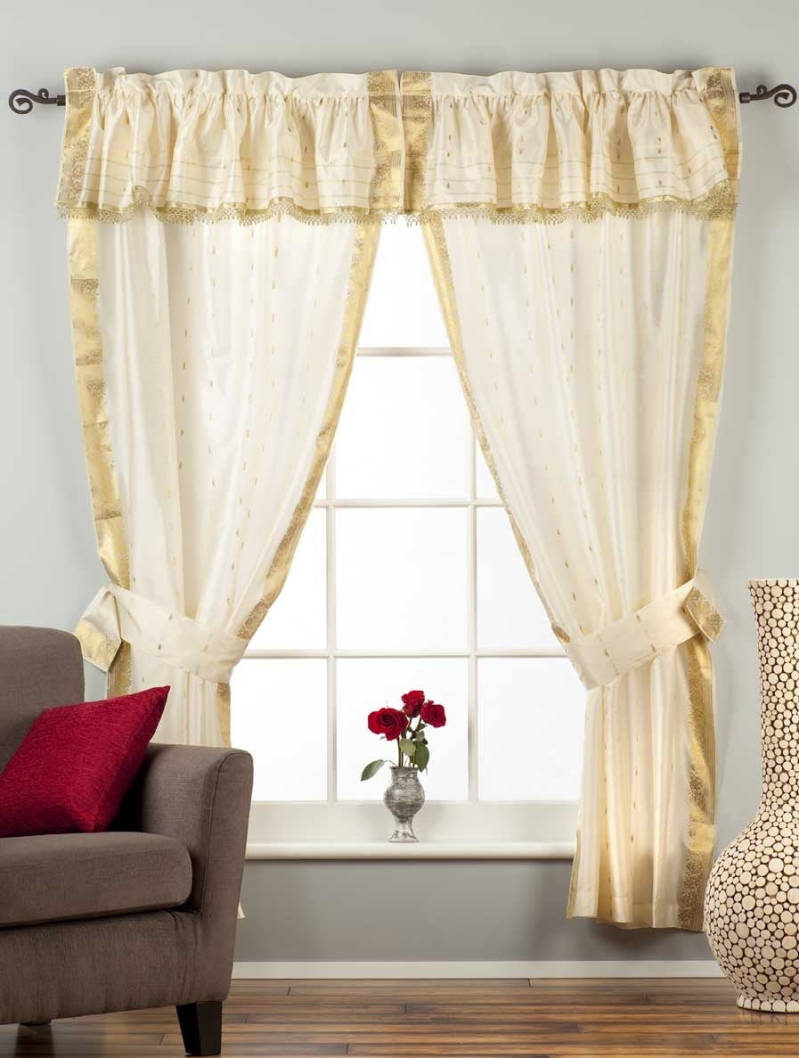 2 Panels 2 Tiebacks-Gypsy Rod Pocket Curtains w/ Beaded Valance Cream 43W 108L