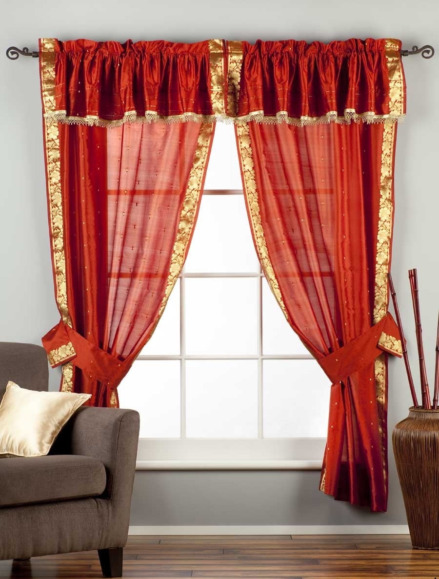 2 Panels 2 Tiebacks-Gypsy Rod Pocket Curtains w/ Beaded Valance Rust 80W 96L