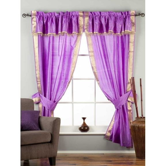 2 Panels 2 Tiebacks-Gypsy Rod Pocket Curtains w/ Beads Valance Lavender 43W 84L