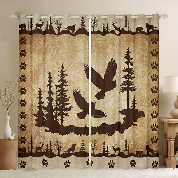 2 Panels,(38Wx45L) Rustic Farmhouse Curtains,Retro Bird Cabin Darkening Curtains,Woodland Animals Curtains Drapes,Hunting Bear Deer Moose Wildlife Botanical Trees Taupe Window Treatments