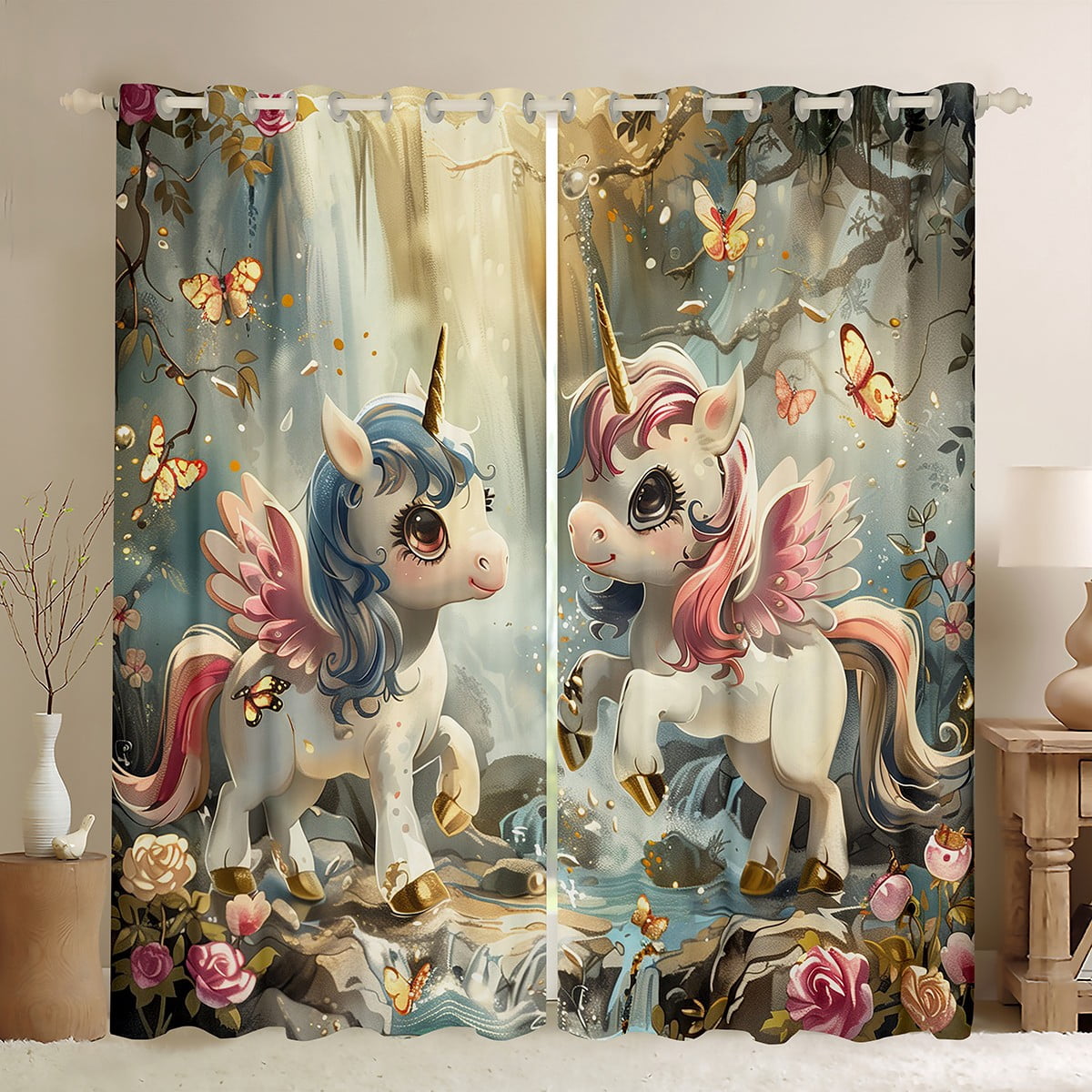 Feelyou Rainbow Unicorn Darkening Curtains - 2 Panels, 42 X 63 Inch, 30-50% Blackout, Glitter Design