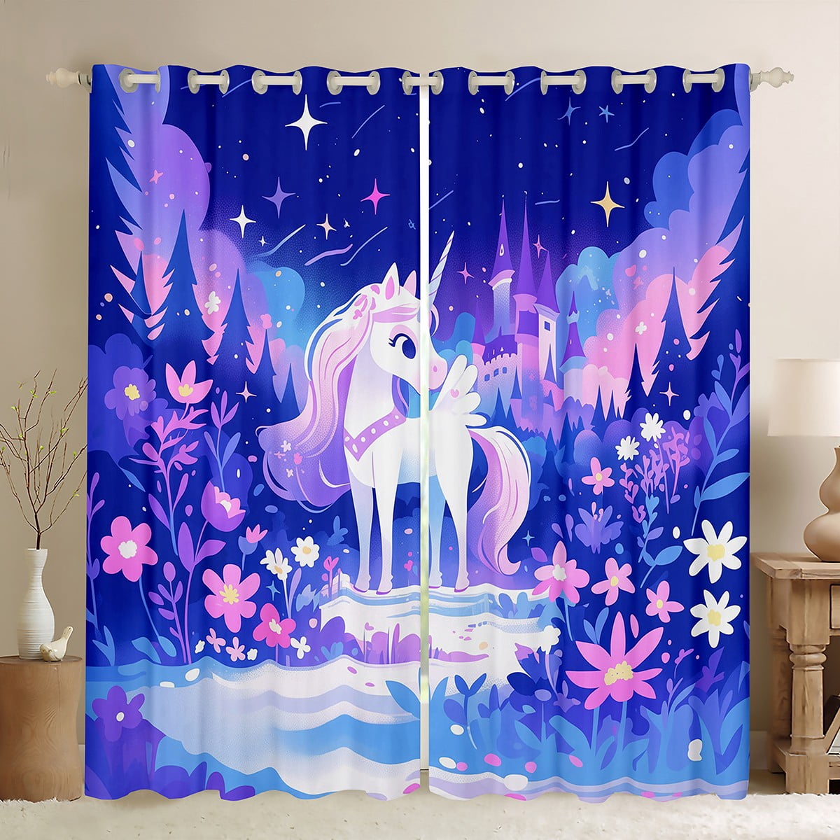 2 Panels,42"X90" Unicorn Curtains for Girls,Kawaii Unicorn Window Curtains Drapes for Living ...