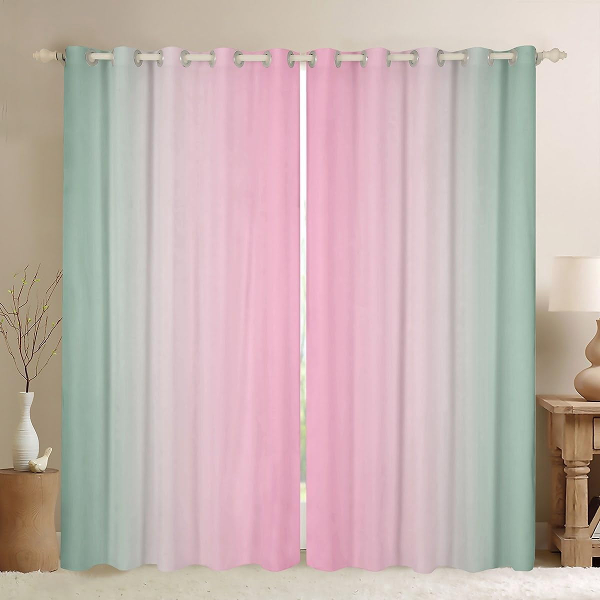 (2 Panels, 42 x 63 Inch Pink and Green Darkening Drapes Gradient Style Curtains for Bedroom Living Room for Kids Women Men Ombre Printed 30%-50% Blackout Curtains Geometric Window Treatments