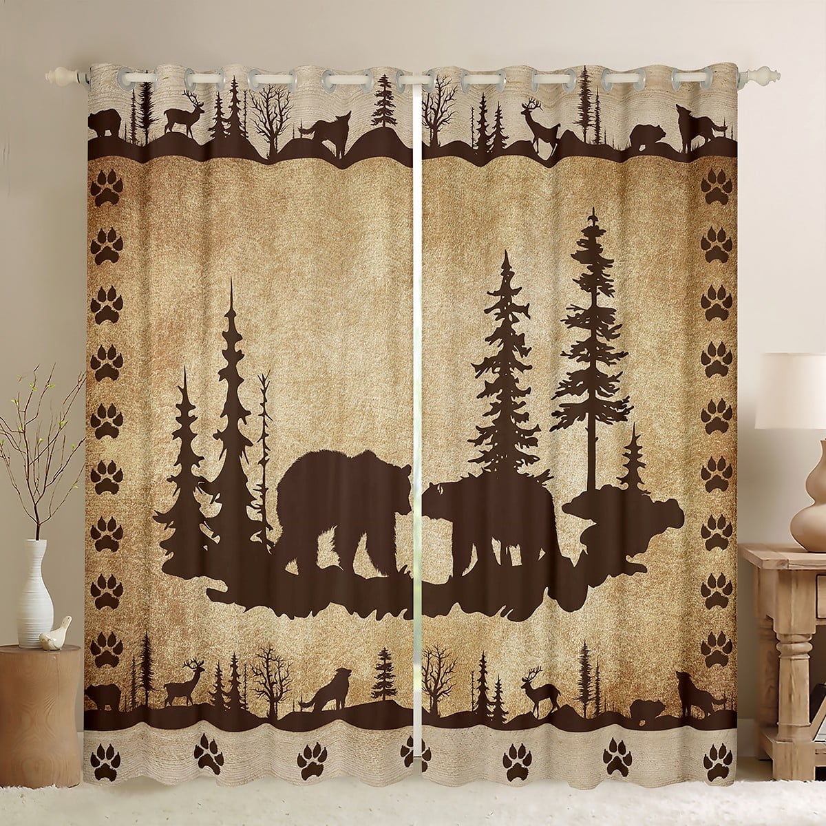 2 Panels,(42Wx63L) Bear Curtains,Rustic Cabin Darkening Curtains,Farmhouse Country Antique Bear Moose Wildlife Window Curtains,Vintage Hunting Camping Tree Woodland Window Treatments