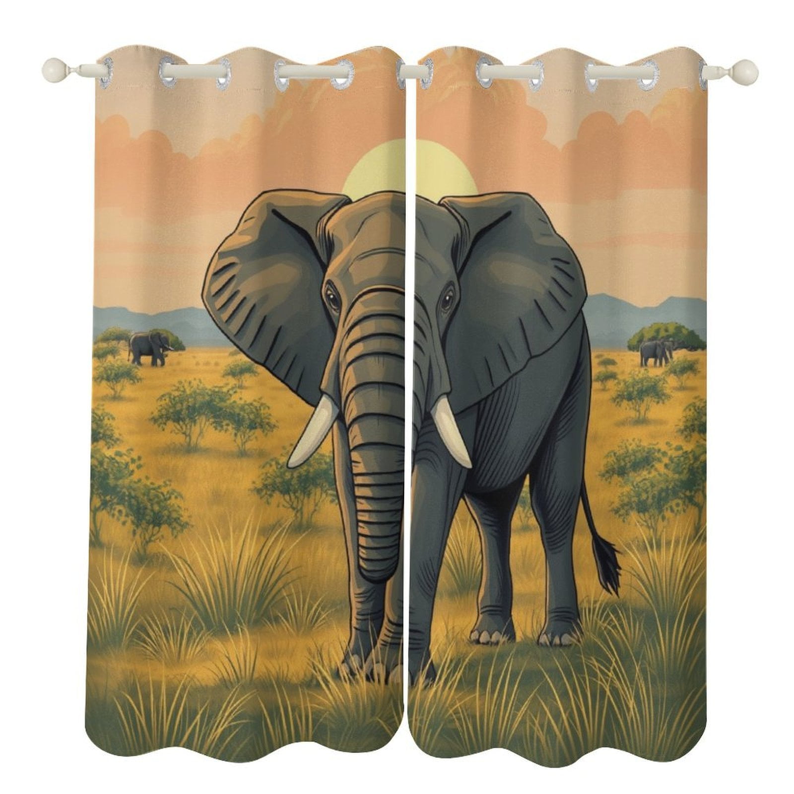 2 Panels African Sunset Elephant Curtains for Bedroom Living Room