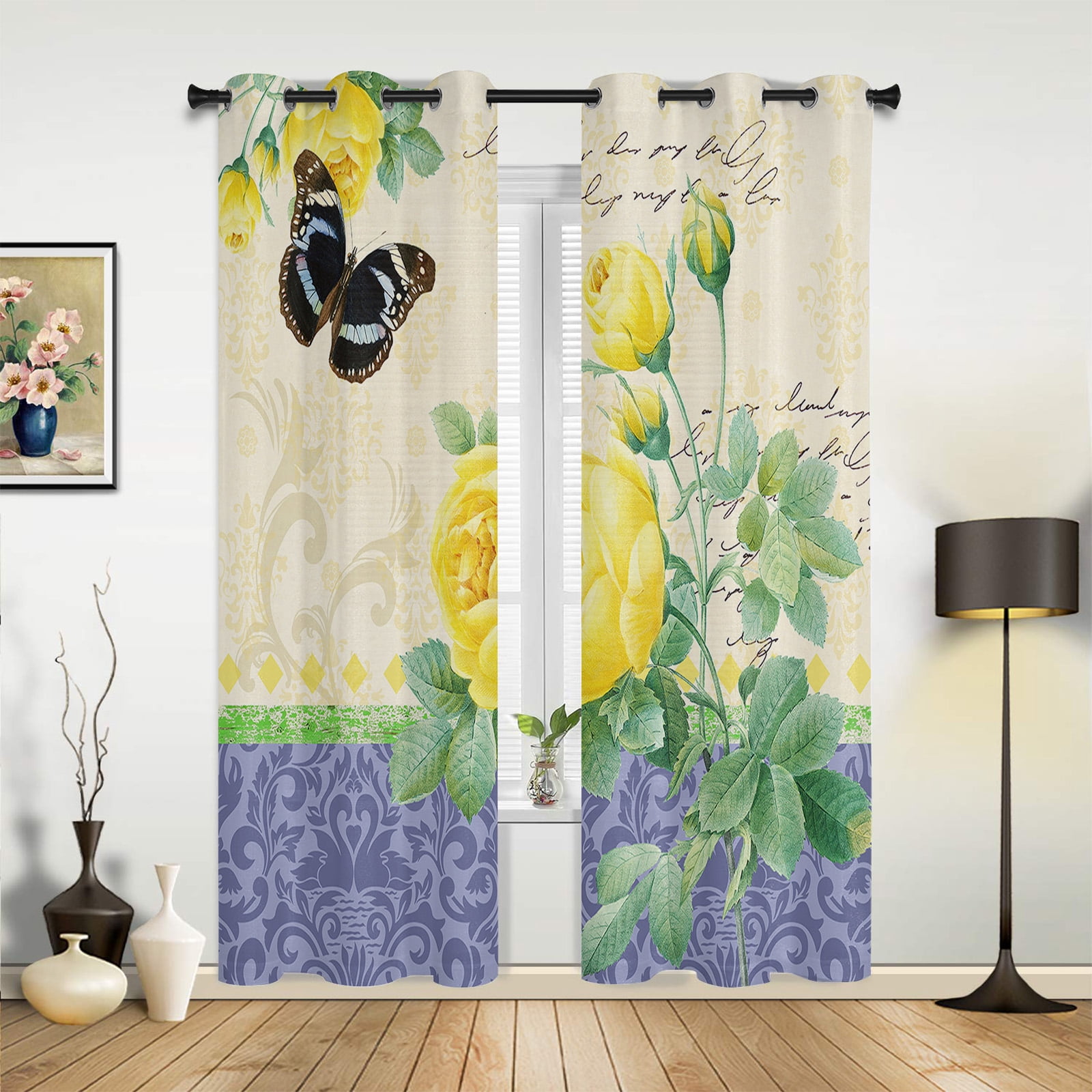 Image showcasing 2 Panels Antique Plant Flower Butterfly Yellow Rose Curtains for Bedroom Living Room Drapes ...