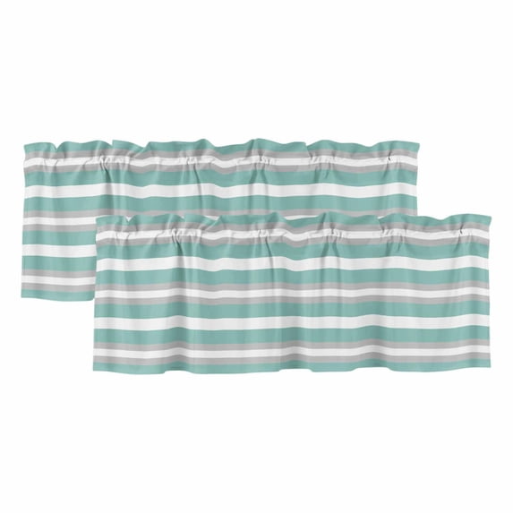 2 Panels Aqua Grey White Stripe Valance for Windows, Rustic Modern Turquoise Striped Light Filtering Kitchen Curtains, Rod Pocket Window Treatment Curtain Valances for Living Room Bedroom, 42"x18"