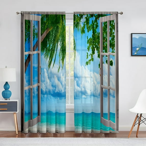 2 Panels Beach Sea Ocean Sunset cortinas Windows Scenery Curtains for Living Room Kitchen Blinds Windows Curtains for Bedroom Decor 2pcs