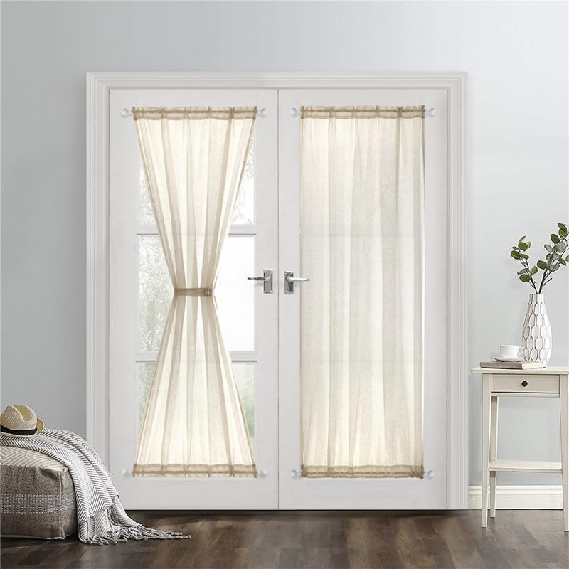 2 Panels Beige Faux Linen Sheer Curtain Set for French & Sidelight Doors, Sunlight Filtering & Privacy with Included Tiebacks