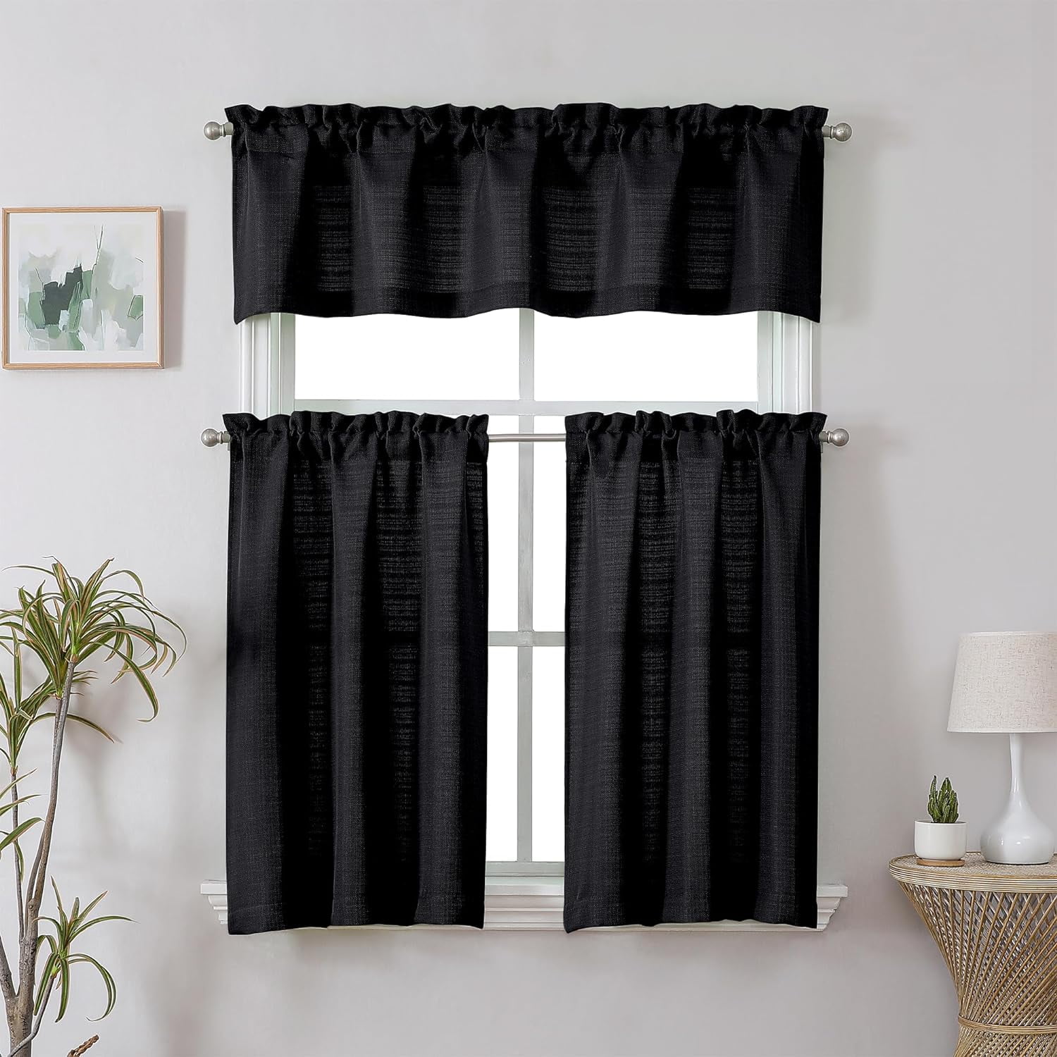 2 Panels Black Cafe Curtains 36 Inch Length, Faux Linen Half Window