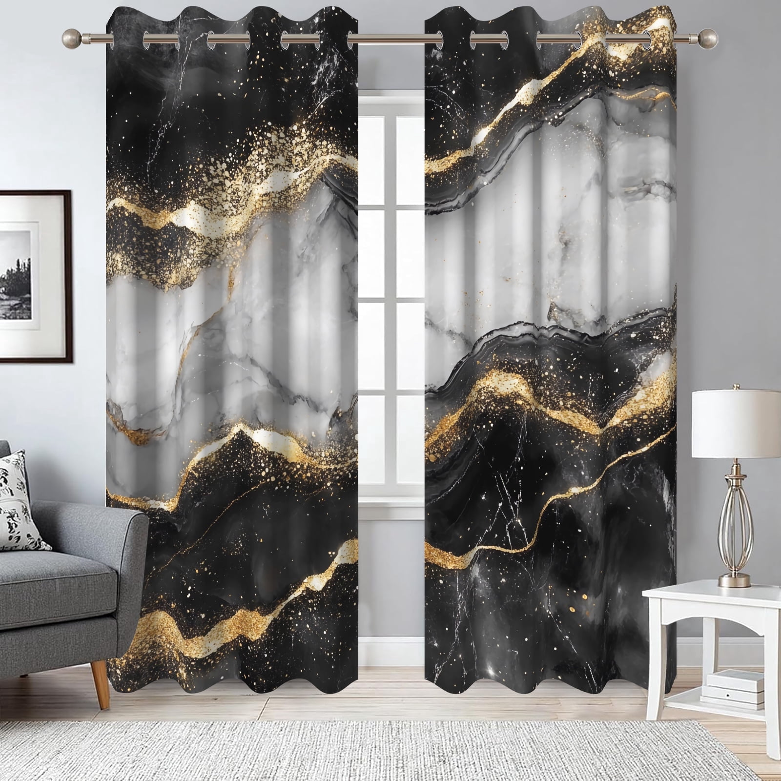 2 Panels Black Gold Marble Blackout Curtain for Bedroom,Luxury Grommet Window Drapes for Living Room,52x84 Inch