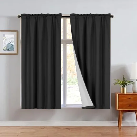 Gorgeous Home Linen 2 Panels Black Solid Color Rod Pocket Foam Lined Window Curtain Drape 37" Width x 63" Length Each Pc