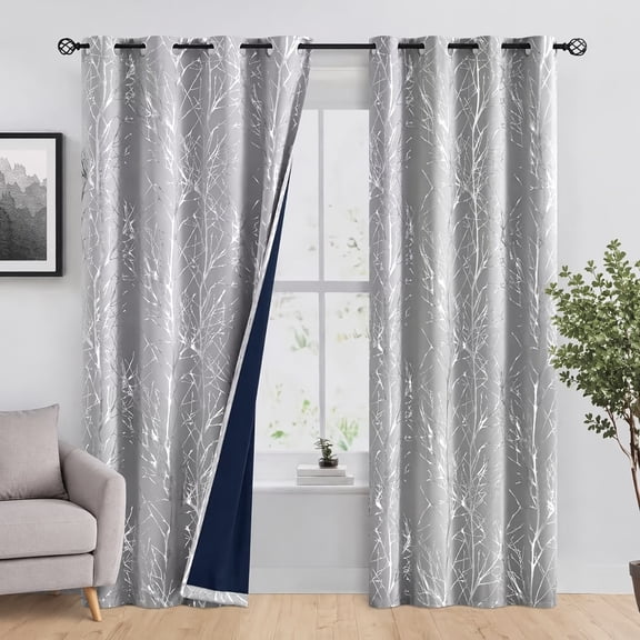 2 Panels Blackout Curtains 84 Inch Length, Metallic Gold Tree Branch Foil Print Black Window Drapes, Grommet Top Thermal Insulated Light Blocking Curtains for Bedroom Living Room Decor