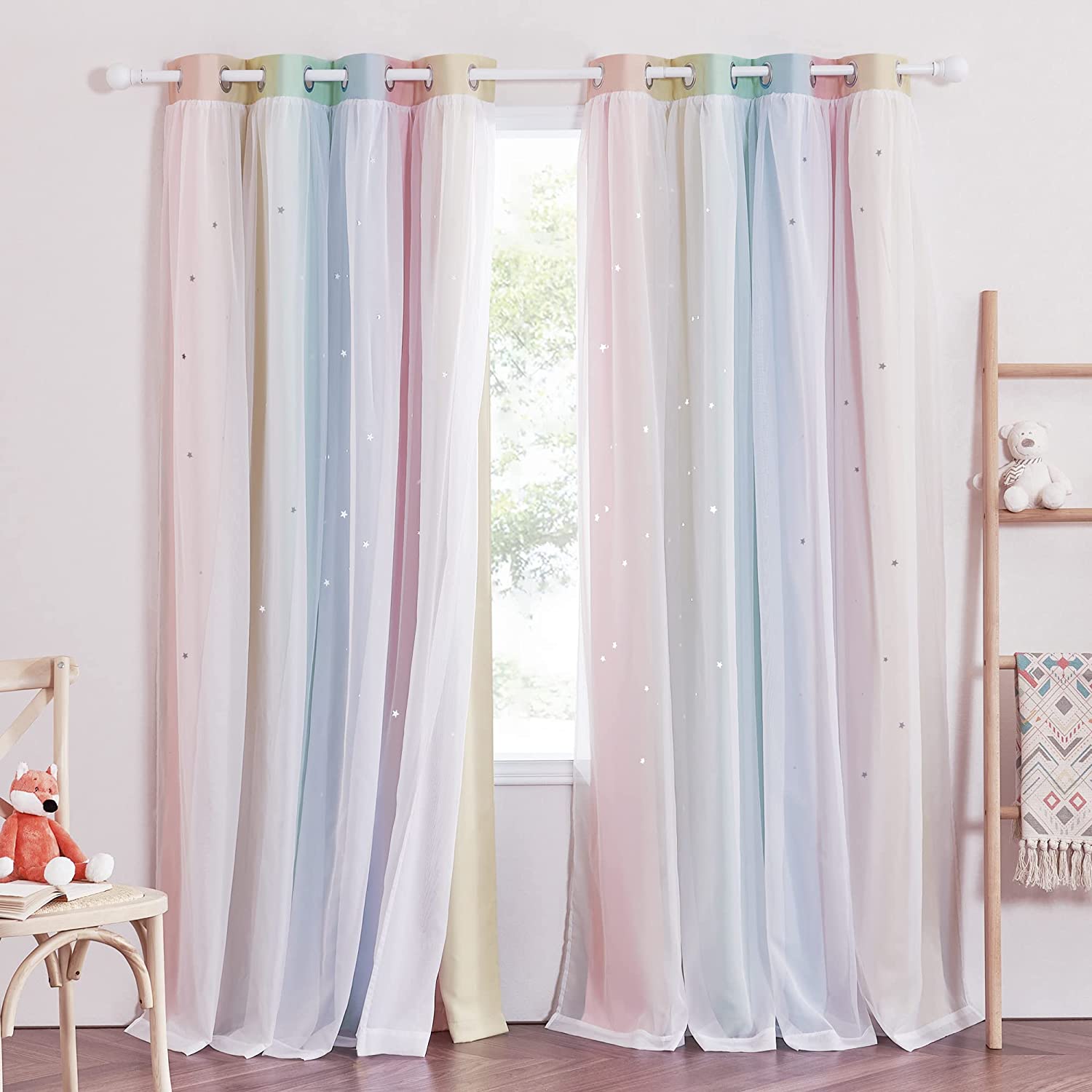 2 Panels Blackout Rainbow Curtains for Kids Girls Bedroom Pastel Decor