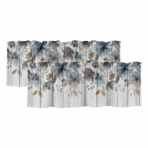 2 Panels Blue Brown Spring Floral Valance for Windows, Watercolor Botanical Vintage Light Filtering Kitchen Curtains, Rod Pocket Window Treatment Curtain Valances for Living Room Bedroom, 42"x12"