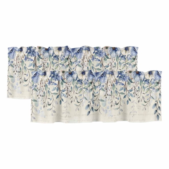 2 Panels Blue Eucalyptus Leaves Valance for Windows, Farmhouse Retro Botanical Floral Light Filtering Kitchen Curtains, Rod Pocket Window Treatment Curtain Valances for Living Room Bedroom, 42"x12"