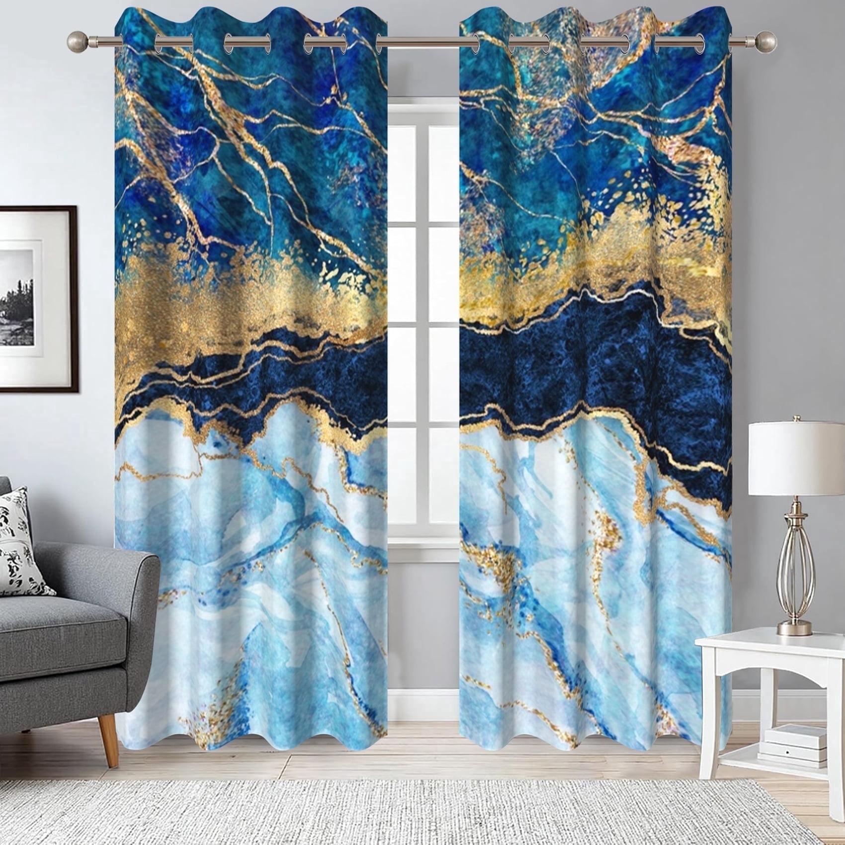 2 Panels Blue Marble Blackout Curtain for Bedroom,Abstract Blue Gold Grommet Drapes for Living Room,52x84 Inch