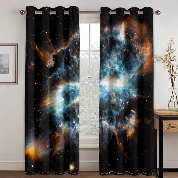 2 Panels Blue Purple Galaxy Window Curtains Left and Right Double Opening Space Planet Stars Light-filtering Curtain Drapes for Bedroom