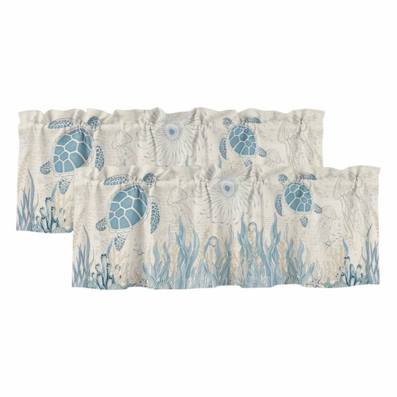 2 Panels Blue Turtle Coastal Valance for Windows, Coral Summer Beach Nautical Ocean Beige Light Filtering Kitchen Curtains, Rod Pocket Window Treatment Curtain Valances for Living Room, 42"x12"