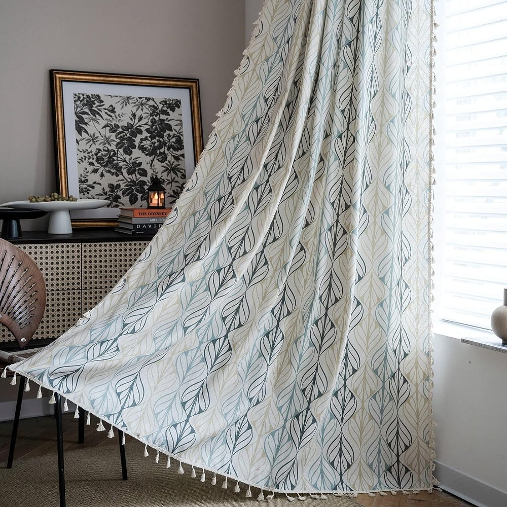 2 Panels Boho Curtains Leaf Semi Sheer Drapes Tassel Rod Pocket Short ...