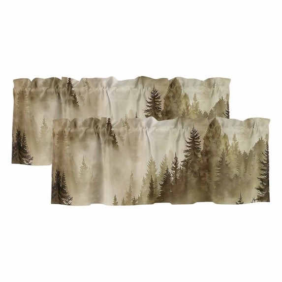 2 Panels Brown Mountain Valance for Windows, Misty Forest Nature Woodland Pine Tree Landscape Light Filtering Kitchen Curtains, Rod Pocket Window Treatment Curtain Valances for Living Room, 60"x18"