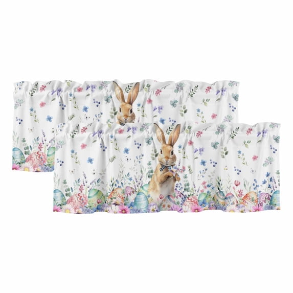 2 Panels Bunny Easter Valance for Windows, Spring Floral Rabbits Eggs Farmhouse Light Filtering Kitchen Curtains, Rod Pocket Window Treatment Curtain Valances for Living Room Bedroom, 42"x12"