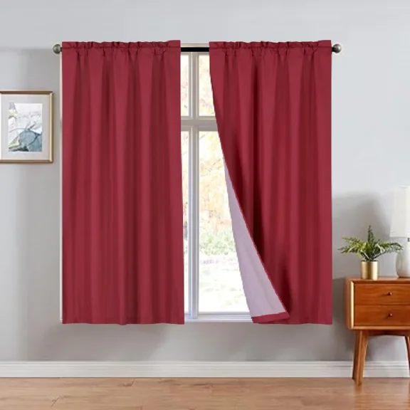 2 Panels Burgundy Solid Blackout Thermal Rod Pocket Foam Lined Window Curtain Drape R64 63 Length