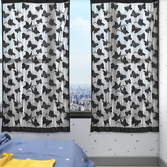 2 Panels Butterfly Embroidery Semi Sheer Curtains,Elegant Vintage Rod Pocket Voile Curtain Drapes,Lace Sheer Panels for Door Window Hanging Elegant Fancy Room Decorations for Bedroom Living Room