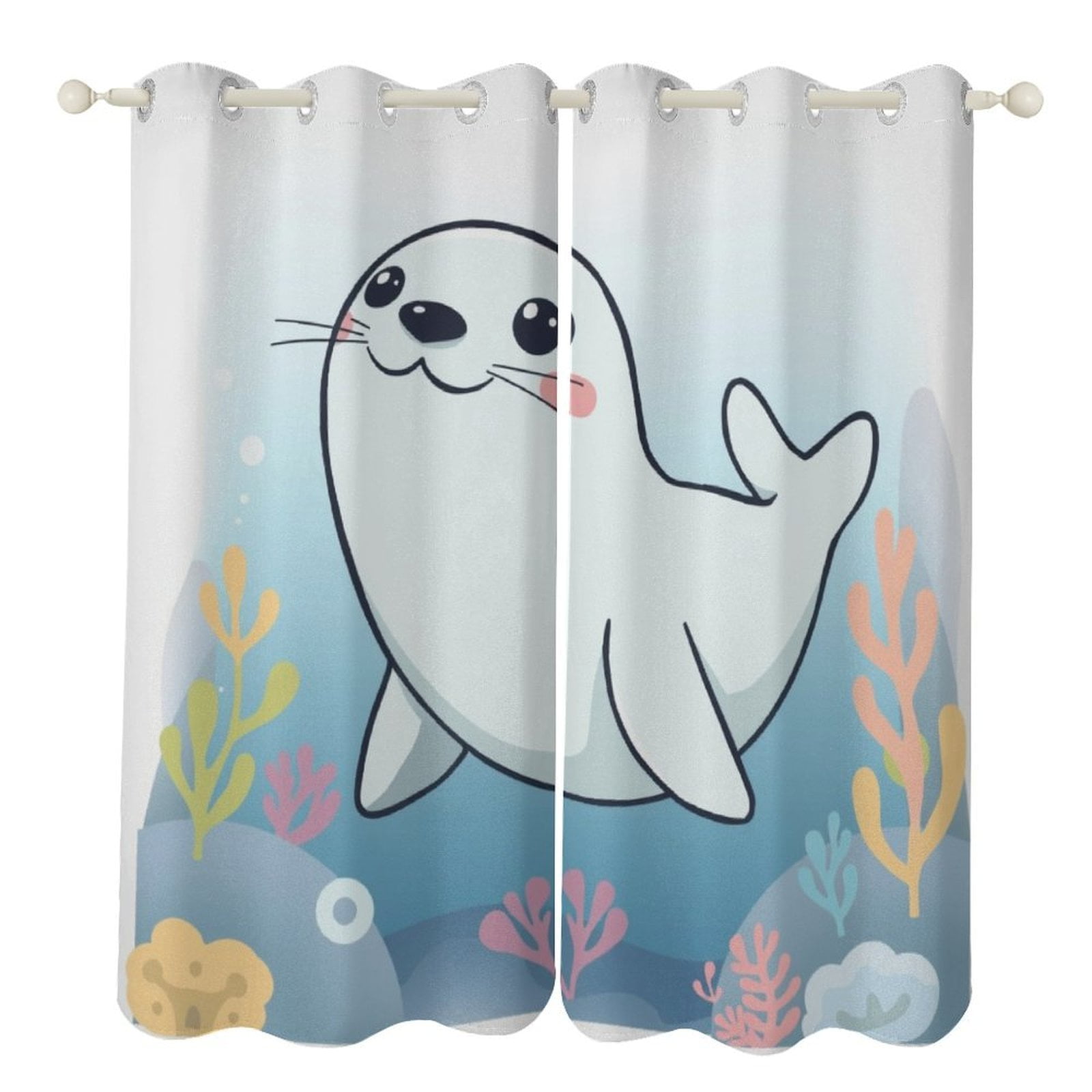 2 Panels Cute Baby Seal Curtains for Bedroom Living Room Drapes Kitchen