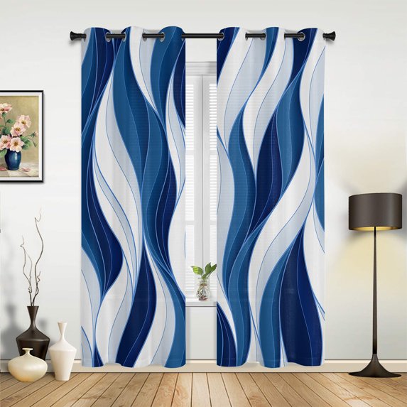 2 Panels Dark Blue Wavy Abstract Lines Curtains for Bedroom Living Room Drapes Kitchen Children's Room Window Curtain Modern Home Decor
