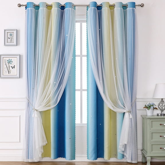 2 Panels Double Layer Blackout Curtains 39x51 Inch - Star Sheer Overlay Elegant Curtains for Bedroom & Living Room