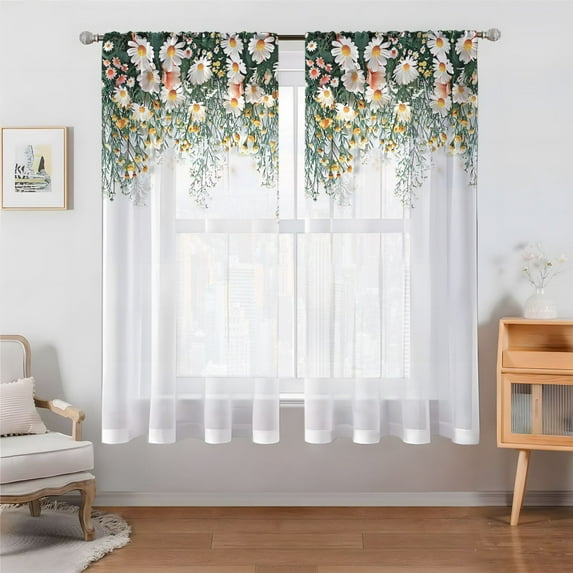 2 Panels Eucalyptus Leaves Sheer Curtains for Living Room Elegant Wild Flower Floral Spring Printed Window Curtain Set Natural Chiffon Drapes for Bedroom Bathroom