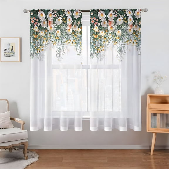 2 Panels Eucalyptus Leaves Sheer Curtains for Living Room Elegant Wild Flower Floral Spring Printed Window Curtain Set Natural Chiffon Drapes for Bedroom Bathroom